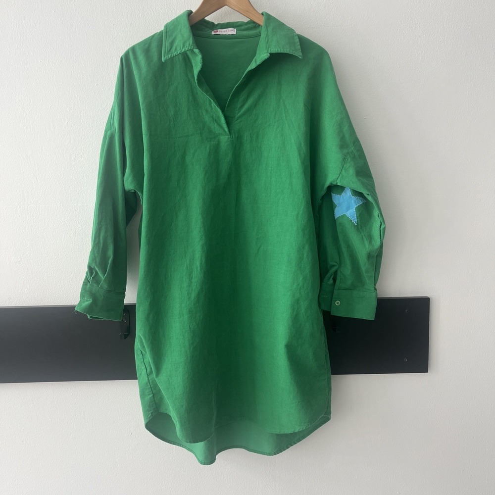 Caryn Lawn Corduroy Green Shirt Dress coastal  Star Elbow Patches tucker OS